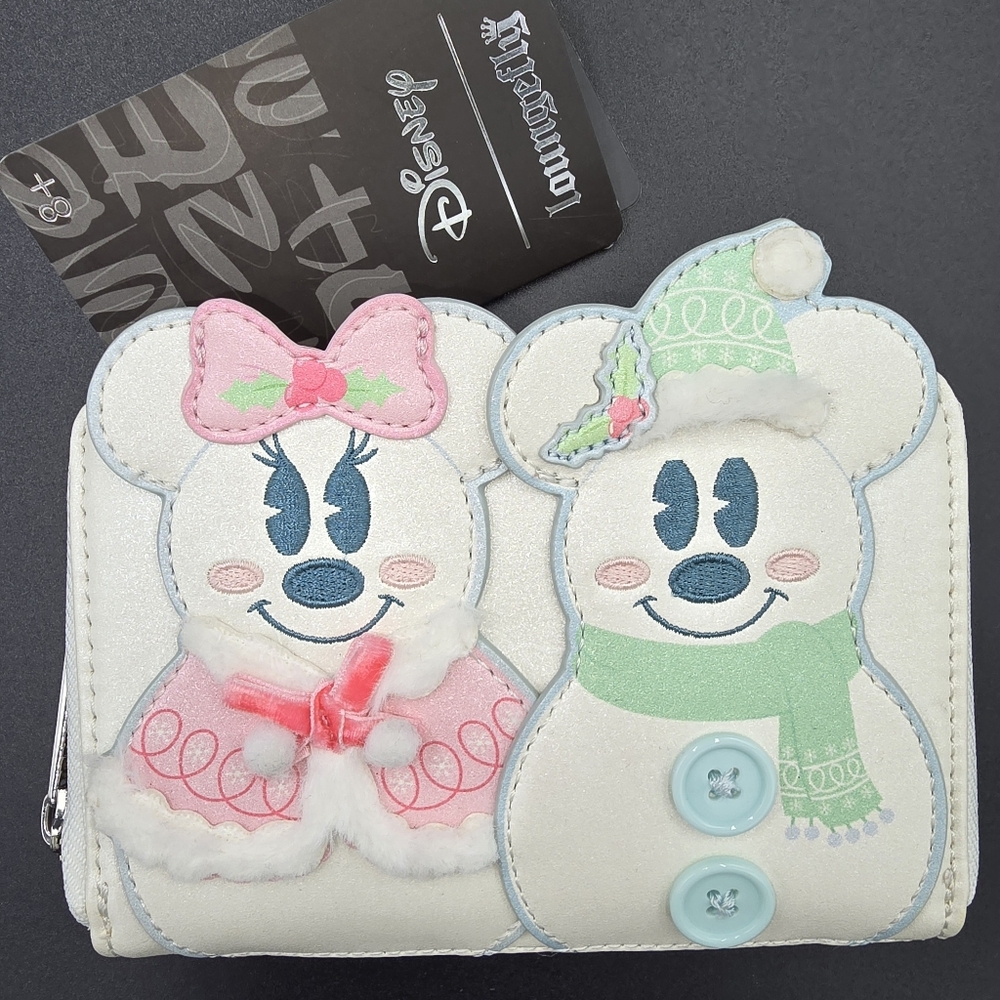 LOUNGEFLY DISNEY Minnie & Mickey Holiday Snowman Wallet White Pink Mint NWT